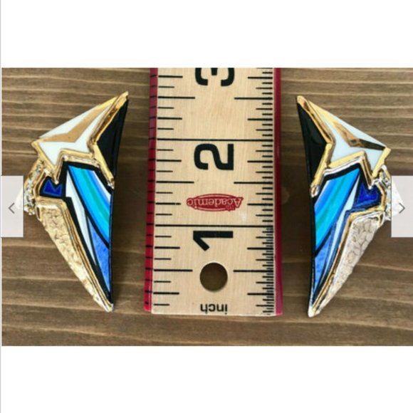 Bold Blue & Gold Glam Lightening Bolt Handpainted Ceramic Earrings Artist Signed - Picture 6 of 7